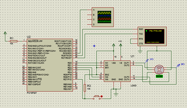 También se implemento un circuito en donde se conecto un motor a pasos unipolar, en la siguiente imagen se presenta el circuito implementado en Proteus,