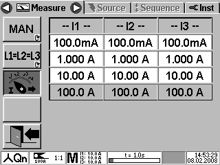 Selección del rango para corriente I1 Seleccione el rango deseado con las teclas del cursor hacia arriba y hacia abajo. Confirme la selección con la tecla de entrar.