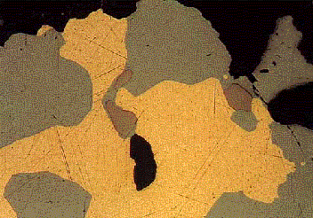 La presencia de oro altera la percepción del color superficial de los otros minerales y disminuye su reflectancia aparente. El oro es de ley 800. Bloque pulido, luz polarizada plana, x80, aire.