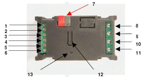Conexión del componente: 1-2 Tensión de alimentación 10 32 VCC ó 12 24 VCA (ALIM) 3 Entrada Digital A 4 Entrada Digital B 5 Entrada Digital C 6 5 VCC común a las