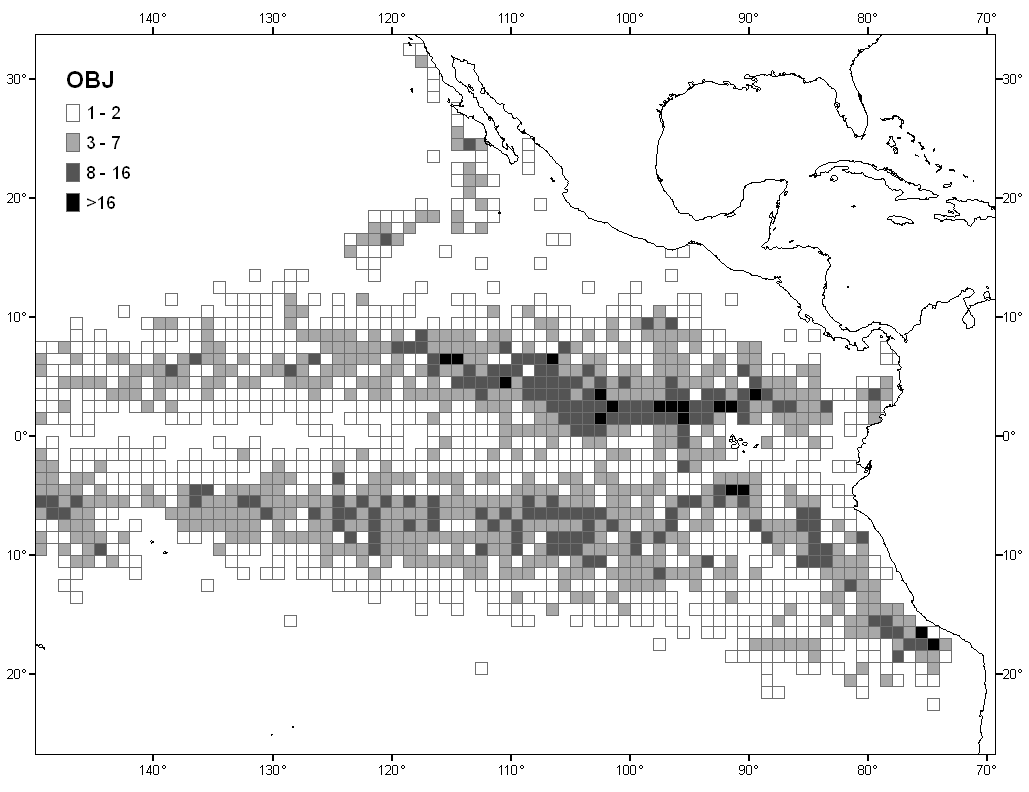 FIGURE 4a. Spatial distribution of sets on tuna associated with floating objects in the Agreement Area, 27. FIGURA 4a.