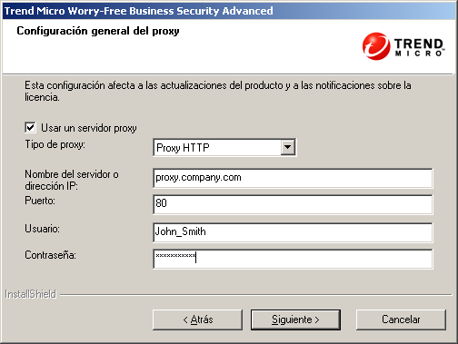 Guía de instalación de Trend Micro Worry-Free Business Security Advanced 6.0 10. Haga clic en Siguiente. Aparecerá la pantalla Servidor proxy. ILUSTRACIÓN 3-12.
