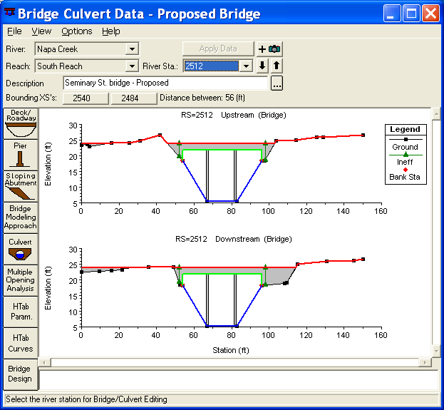 Figura 7-6: Ventana Bridge Culvert Data Finalmente la descripción se modificó a Seminary St. Bridge - Proposed. No se modificó el Bridge Modeling Approach Editor y se cerró Bridge/Culvert Data Editor.