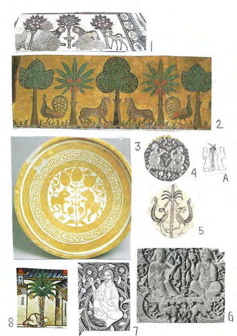 anterior; 3, tejido árabe-bizantino de Colección particular, palmeras con dos halconeros a caballo; 4, palmera con dos pavos, mosaico de la Sala del Ninfeo del