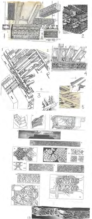 Precedentes en (1) del mihrab de la Gran Mezquita de Qayrawan del siglo IX-X y 2 de tablero parietal del Salón Rico de Madinat al-zahra, 3, tablero de la Aljaferia; 4, pintura de los altos del