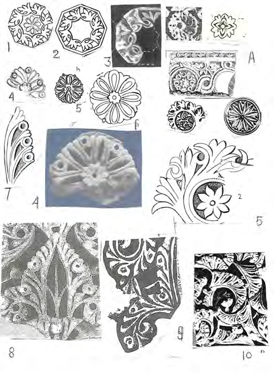 tipos almerienses (3) (4) con sendas piñas y parejas de palmetas digitadas horquilladas asidas a arbolillo de la vida, este modelo reiterado en maderas toledanas arcaicas: 5, otras imágenes de pareja