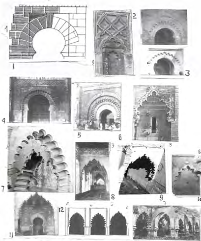 Para la figura 106 destacar el arranque de arcos (5) muy presente en Sevilla y el Norte de África (6); 7, de lo alto del patio de la mezquita sevillana; 8, sucesión