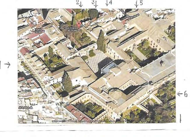 Figuras 3, 4, 5. A, plano general con ubicación de la mezquita aljama almohade y abajo el Alcázar; 2, El recinto del alcázar omeya con la muralla en negro, A, B, C, D.