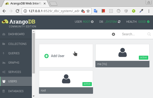 Creación de usuarios mediante interfaz web Para crear un nuevo usuario mediante la interfaz web de ArangoDB, hay que ir a USERS y hacer clic en + Add User: A