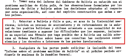 426, declarando que el problema marítimo boliviano es asunto de interés hemisférico permanente y recomendando que se inicien negociaciones entre Chile y Bolivia para otorgar a esta una conexión