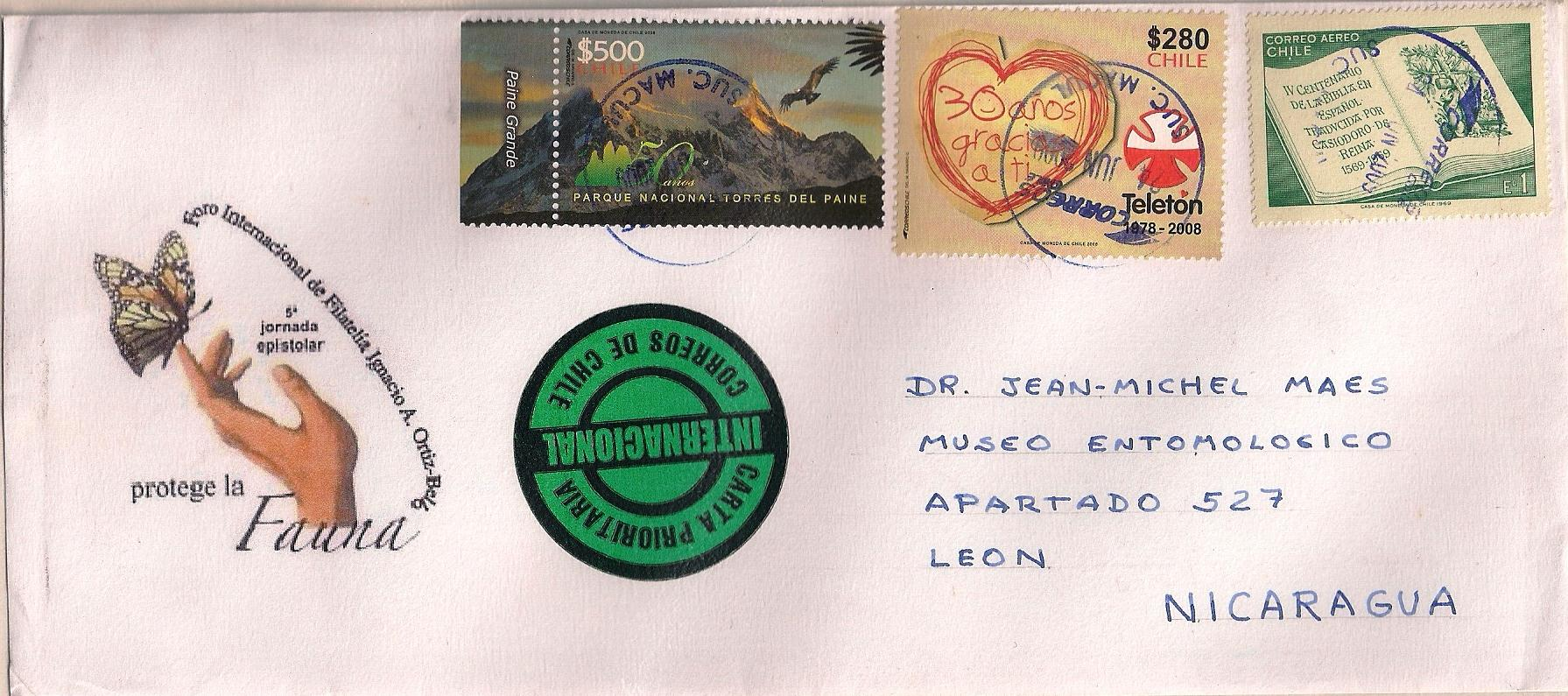 2009 Junio 24 : 400 Aniversario de la traducción de la Biblia al español 1969 (Scott : 380, C 295), sobre carta con logo de mariposa, enviada de Santiago a León, Nicaragua (30-VI-2009), con sellos