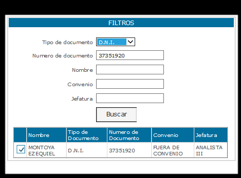 Buscar empleado Los filtros disponibles son los siguientes: Tipo de documento: se puede escoger entre los disponibles de una lista.