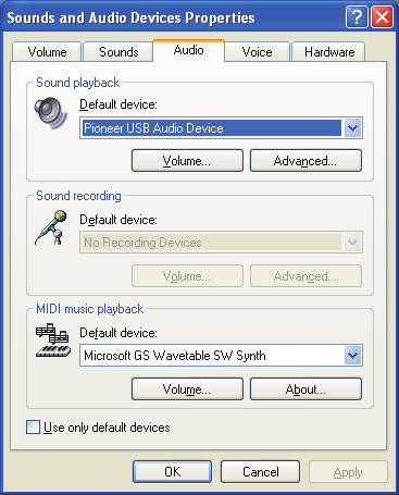 7 Haga clic en la ficha [Audio] y luego confirme que se enumere [Pioneer USB Audio Device] como el [Dispositivo predeterminado (Default device)] para [Reproducción de sonido (Sound playback)].