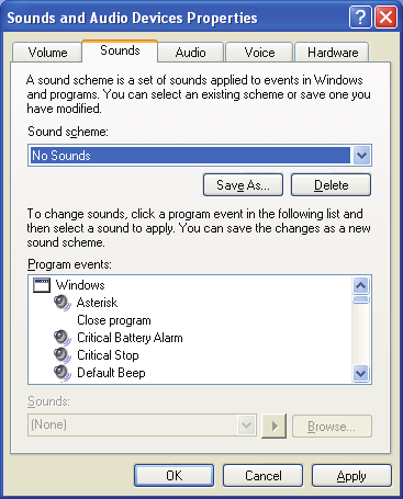 Para inhabilitar la combinación de sonidos del sistema operativo Con los ajustes predeterminados del sistema operativo, los eventos del ordenador pueden estar asociados con señales de audio y pitidos