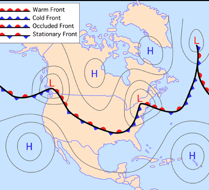 La zona de contacto entre los vientos polares del este y los del oeste es el frente polar, que se traslada a medida que ambas masas de aire se presionan entre sí de un lado al otro.