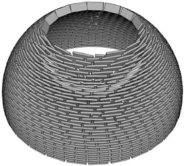 Cada hilada se cerraba completamente antes de comenzar la siguiente, marcando el cintrel la inclinación del ladrillo y el perfil de la cúpula (figura 8).