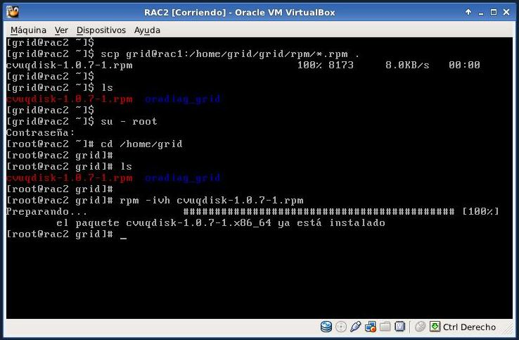 Volvemos a la consola de la maquina virtual RAC1 y ejecutamos los siguientes comandos para instalar el paquete cvuqdisk-1.0.7-1.rpm.