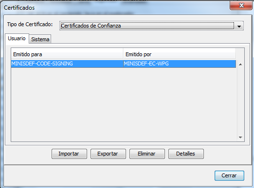 Ilustración 26: Importar Certificado de firma de applet en consola de Java