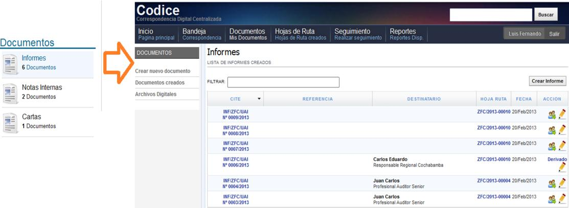 4.3.1 Informes La opción informes muestra los Documentos de Tipo Informe creados por el usuario.