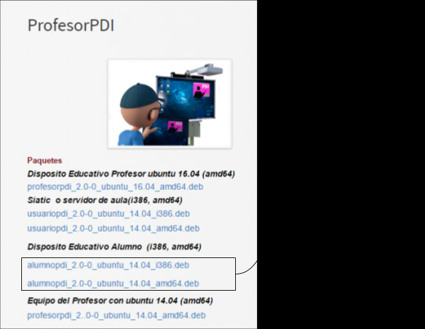 Instalación AlumnoPDI El programa AlumnoPDI podrá ser instalado, de la misma forma que lo hemos explicado con ProfesorPDI, en los equipos de alumnos que dispongan de una versión de ubuntu 14.04.