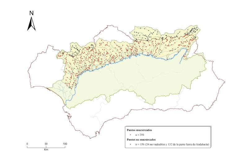 Figura 2.- Distribución de los puntos muestreados sobre la margen derecha de la porción andaluza de la cuenca del Guadalquivir.