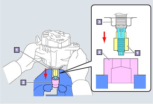 (2) Sostenga SST2 en una prensa de tornillo y luego con SST1-A y SST1-B instalados en el alternador, inserte la contratuerca de la polea en la parte hexagonal de SST.