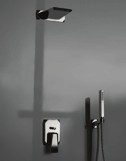 BLADE SHOWER HEAD, BUILT-IN SINGLE LEVER BATH-SHOWER MIXER AND WALL-MOUNTED SHOWER SUPPORT WITH HANDSHOWER.