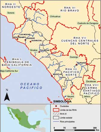 Caracterización La Región Hidrológico Administrativa III Pacífico Norte (RHA III) se localiza entre los paralelos 21º 38 y 28º 12 de latitud norte y los meridianos 103º 20 y 109º 28 de longitud
