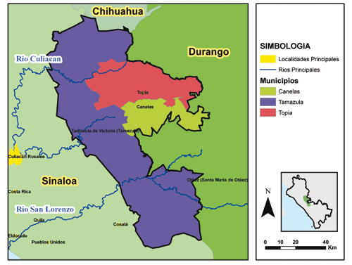 MQ, Sinaloa Centro, Durango (1001) Datos básicos Área (km 2 ) = 8,312 Población 2010 (hab) = 39,071 Densidad poblacional (hab/km2) = 1.