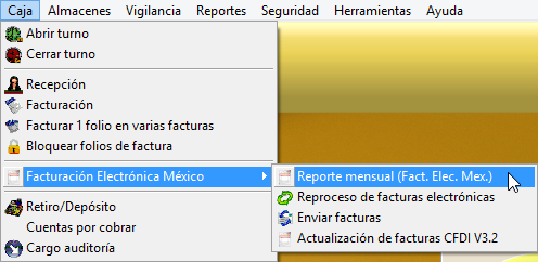 6.5. FACTURACIÓN ELECTRÓNICA MÉXICO 6.5.1. REPORTE MENSUAL (FACTURACIÓN ELECTRÓNICA MÉXICO) Seleccione el menú Caja y elija Reporte mensual (Fact. Elec. Mex.