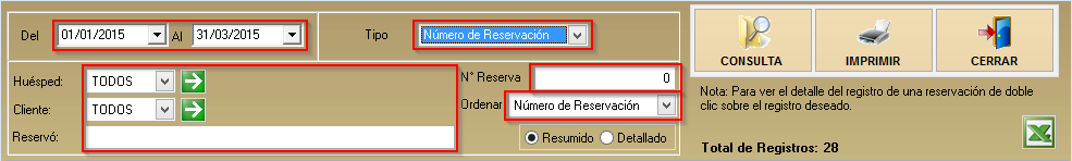 Seleccione el periodo de fechas de las reservaciones, el tipo de consulta (si es a reservaciones activas, reservaciones canceladas, reservaciones con Check In realizado o por número de reservación