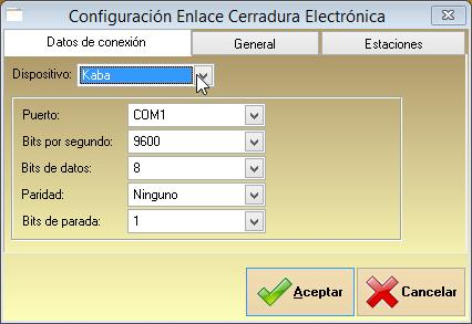 Para habilitar el codificador de KABA ILCO seleccione Kaba como dispositivo y seleccione las opciones de configuración de conexión serial con el dispositivo: puerto, bits por segundo, bits de datos,