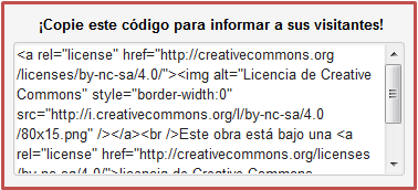 En caso de que la obra que se quiere licenciar sea una página web, se proporciona también el código HTML que debe insertarse en la misma.