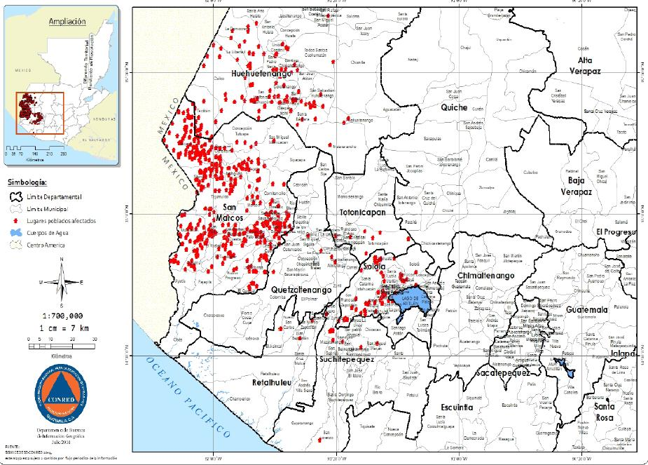 2 1 5 4 6 7 3 Mapa de Incidentes Activos en Centros Poblados de San Marcos (1), Huehuetenango (2), Sololá (3), Totonicapán (4), Quetzaltenango (5), Retalhuleu (6) y Suchitepéquez (7). Fuente: CONRED.