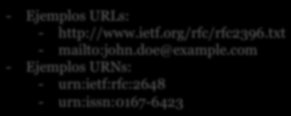 inversa URLs URIs URNs - Ejemplos URLs: - http://www.ietf.org/rfc/rfc2396.txt - mailto:john.