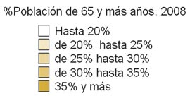 Características generales de la población Porcentaje de población de 65 y más por comarcas. Año 2008.