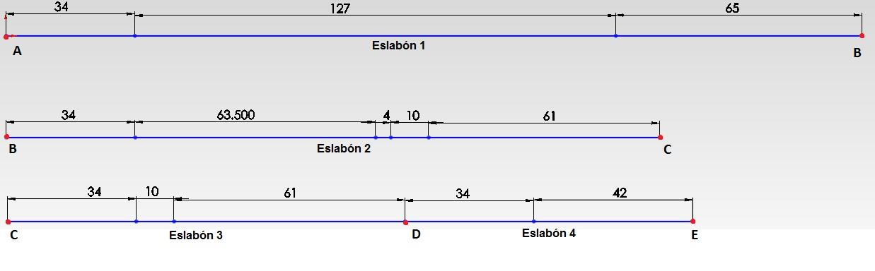 CINEMÁTICA DEL ROBOT El segmento A-B representa al primer eslabón y cada uno de sus componentes. El segmento B-C representa al segundo eslabón y cada uno de sus componentes.