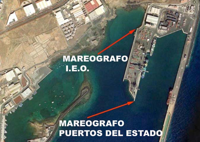 en el puerto de Arrecife, Todo ello referido a la Red Nacional de Nivelación de Alta Precisión REDNAP. Los puntos referidos son los siguientes: Mareógrafo I.E.O.- Señal MAREOGRAFO Pto.