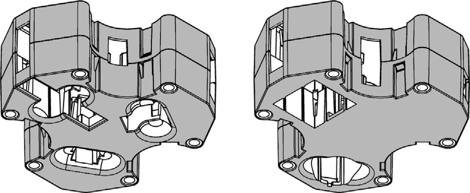 Instalación Figura 3 Adaptador para varias cubetas (partes superior e inferior) 1 Cubeta rectangular de 10 mm 4 Cubeta redonda de 1 pulgada 2 Cubeta rectangular