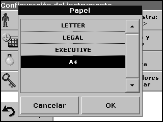 Operaciones estándar 7. Pulse Papel para seleccionar el tamaño del papel. Escoja entre Carta Legal Ejecutivo A4 8. Pulse OK para confirmar.