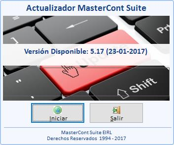 Haga clic en el botón Iniciar ; con eso ya tendrá los archivos automáticamente bajados del servidor de MasterCont. 9. Ingrese a MasterCont y vaya al menú: Ayuda, opción: Actualizar MasterCont Suite 5.