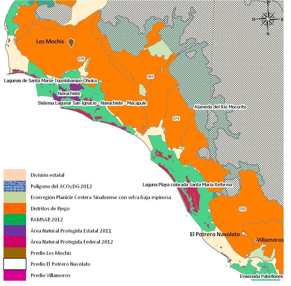 Figura 3. Mapa de la ubicación de localidades de liberación en programa piloto en Áreas ACOyDG, Distritos de Riego, Áreas Naturales Protegidas, sitios RAMSAR en la Ecorregión nivel IV 14