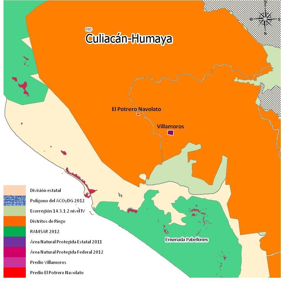 Figura 8. Mapa de ubicación de los Predios de Liberación El Potrero Navolato y Villamoros.