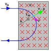 constante v, a través de un capo agnético B saliente la partícula cargada experienta una fuerza lateralente esto es en ángulo recto a la dirección de la velocidad, describiendo una trayectoria