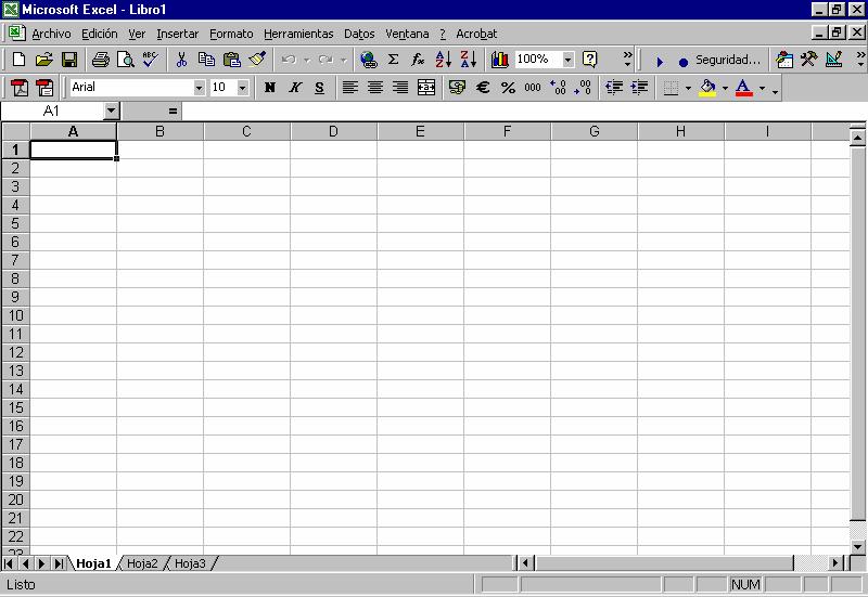 Figura 1: Hoja de cálculo Excel En la parte superior aparece el nombre del fichero que tenemos abierto: (por defecto ese nombre es Libro1) y debajo aparece la barra del menú principal: La barra de