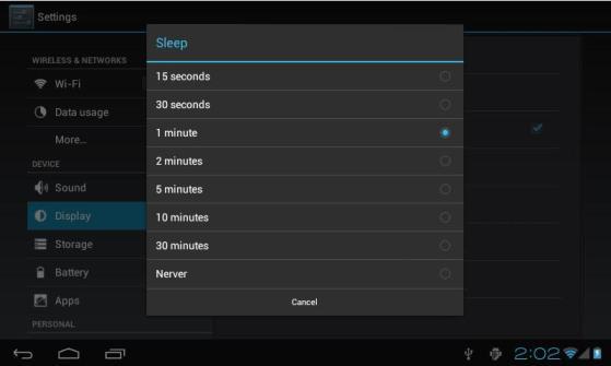 La opción Sleep (tiempo de espera de pantalla) ajusta el tiempo de espera de inactividad del dispositivo. Al presionar el botón de encendido usted podrá activar el dispositivo.