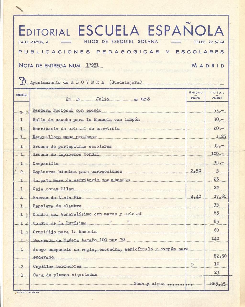 1957 Presupuesto del material necesario