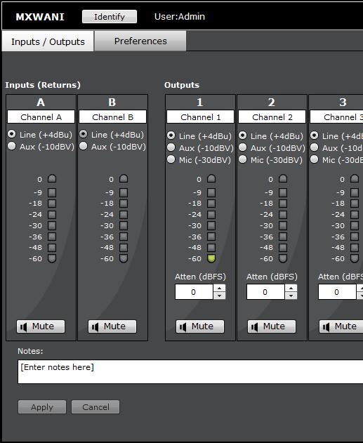 Software Barra de control 2 1 1 Fichas El programa tiene una ficha Entradas/Salidas para administrar el audio y una ficha Preferencias para las configuraciones del sistema.