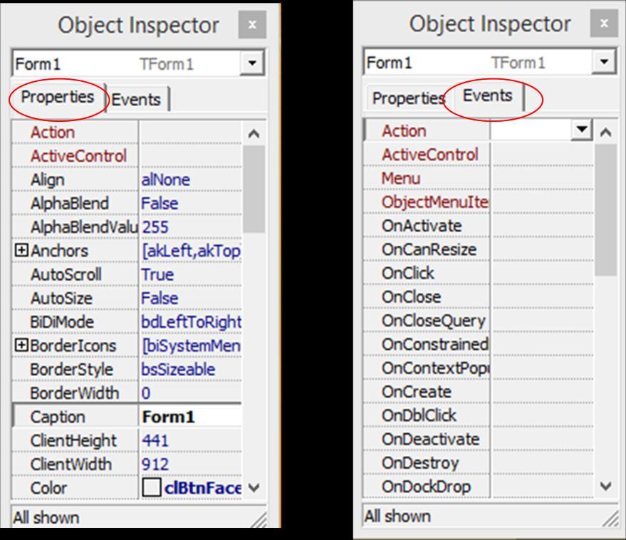 3.- Inspector de Objetos (Object Inspector) Es una ventana que presenta las características asociadas a cualquier objeto colocado en el FORM.