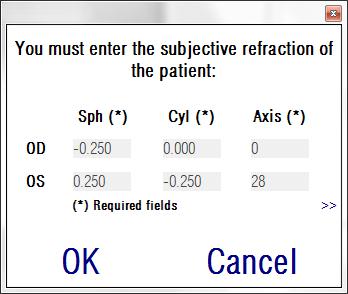 En ambos casos, se le requerirá a continuación que introduzca los valores de refracción subjetiva del paciente (véase Figura 8).